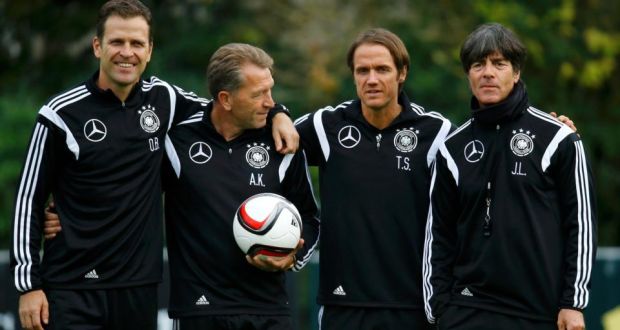 German national team coach Joachim Löw (right) with (from left) general manager Oliver Bierhoff, goalkeeper coach Andreas Koepke and coach assistant Thomas Schneider. Photograph: Kai Pfaffenbach/Reuters. German national team coach Joachim Löw (right) with (from left) general manager Oliver Bierhoff, goalkeeper coach Andreas Koepke and coach assistant Thomas Schneider. Photograph: Kai Pfaffenbach/Reuters.