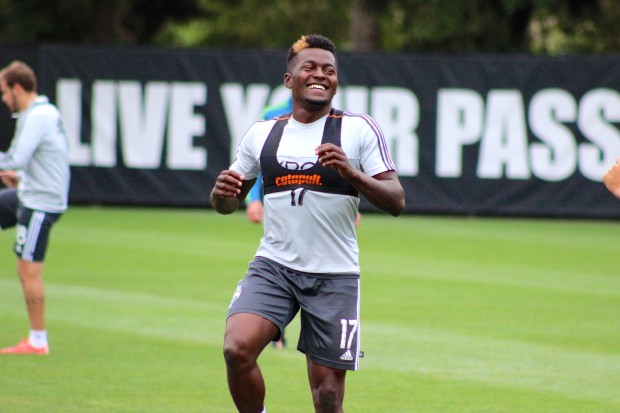 Sounders forward Darwin Jones wears a GPS tracker during practice last month.